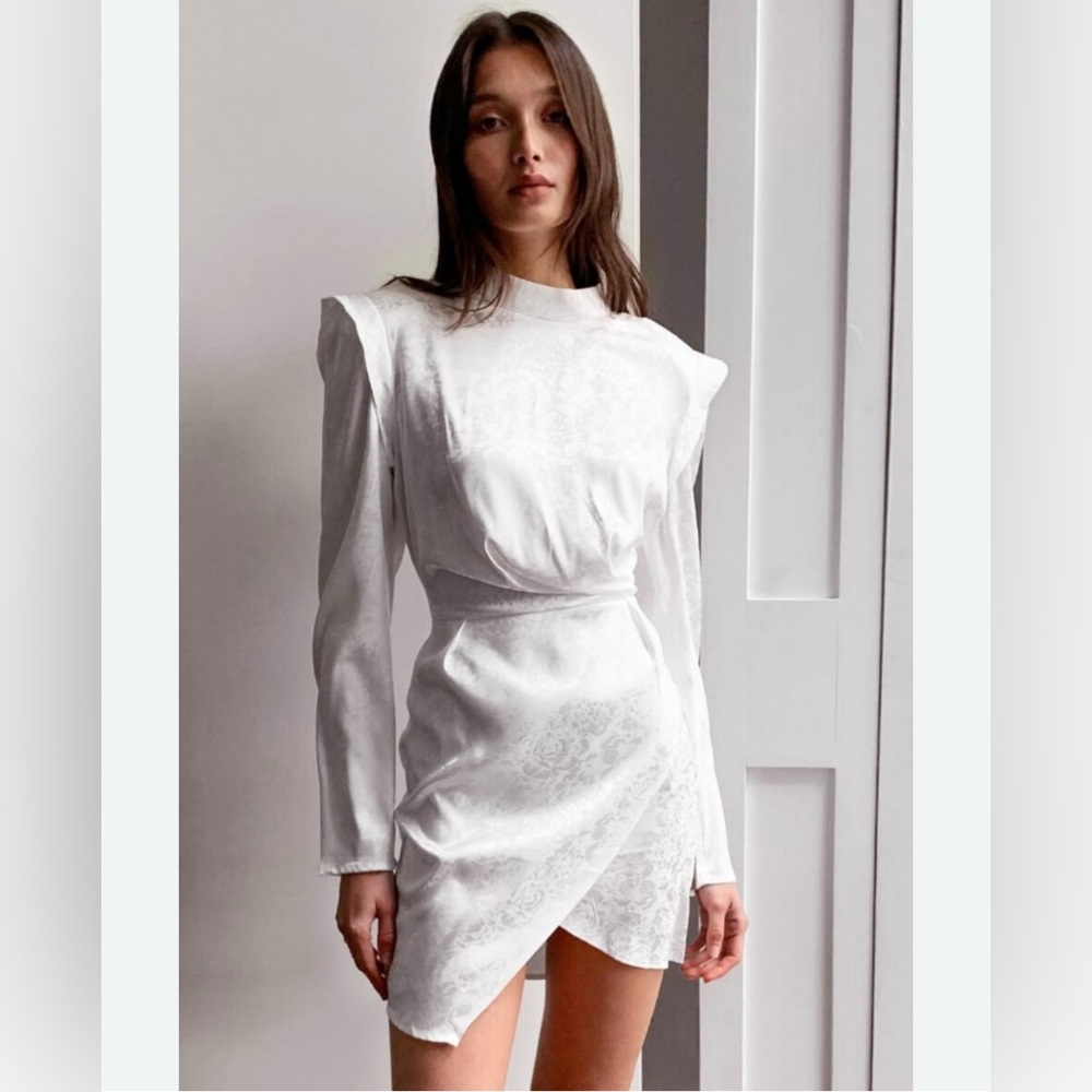NWT NASTY GAL power dressing jacquard White high neck long sleeve mini dress